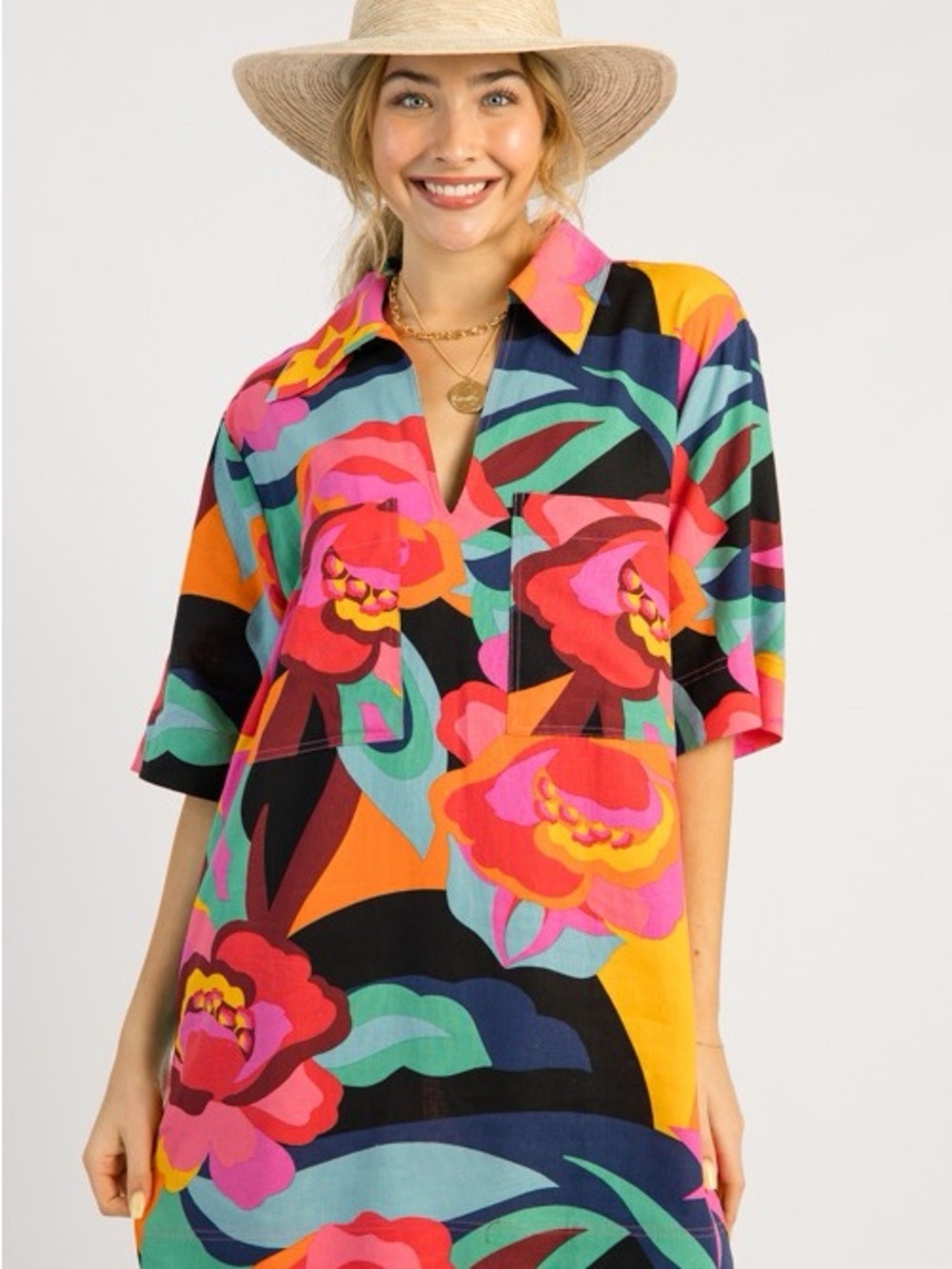 Olivaceous Vibrant Tropical Floral Shift Dress in Pink, Orange & Teal
